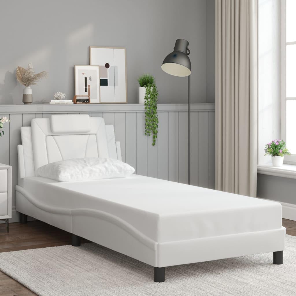 Estructura de cama Viana con LED completamente blanco, 90 x 200 cm, piel sintética, cabecero de madera contrachapada y metal, diseño ondulado, moderno, cama tapizada para jóvenes y