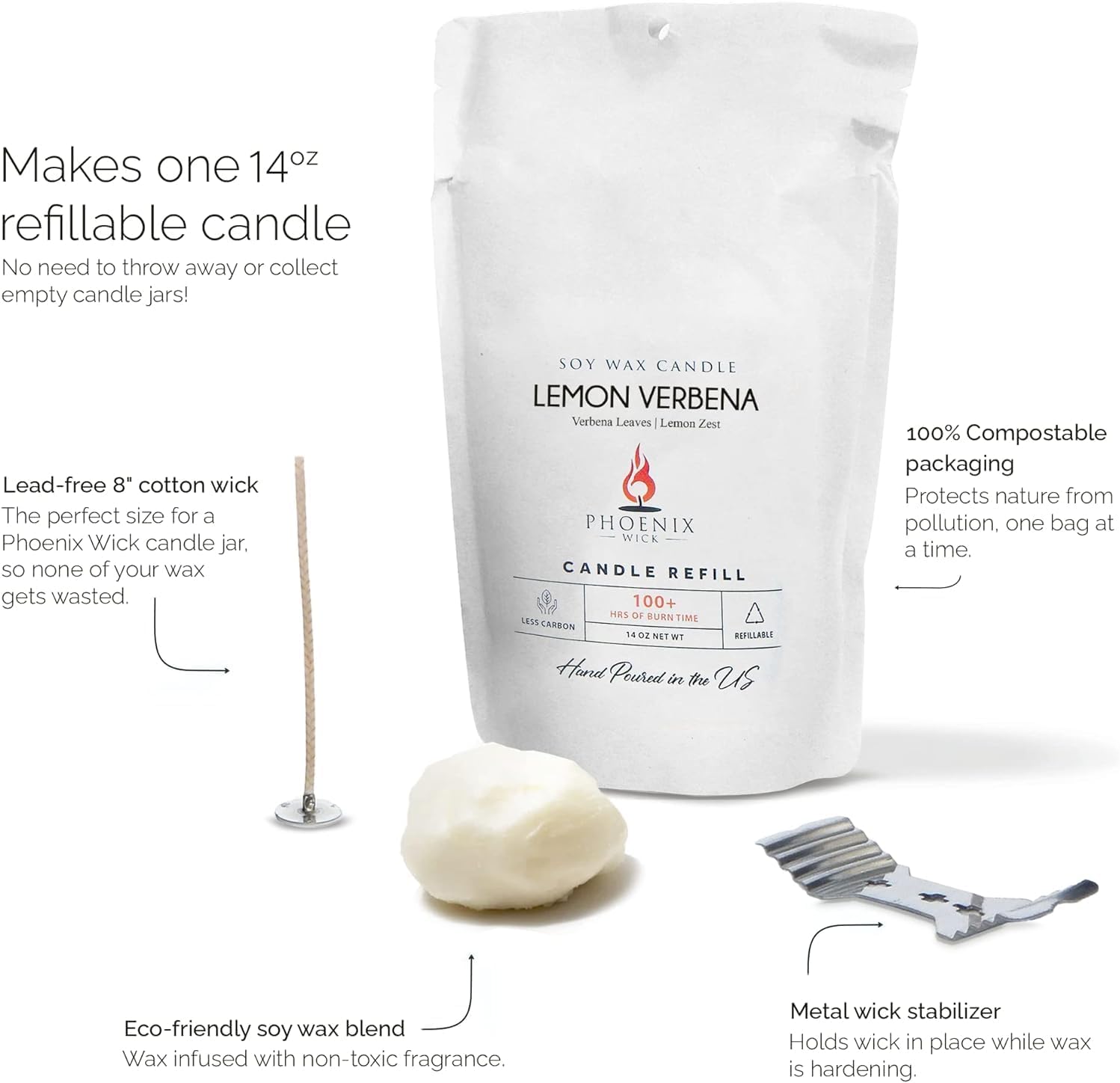 Phoenix Wick Candle Making Kit - New Soy Wax & Wick for Your Luxury 14oz Candle Jar - Adds 100 Hours Burn Time (Lemon Verbena)