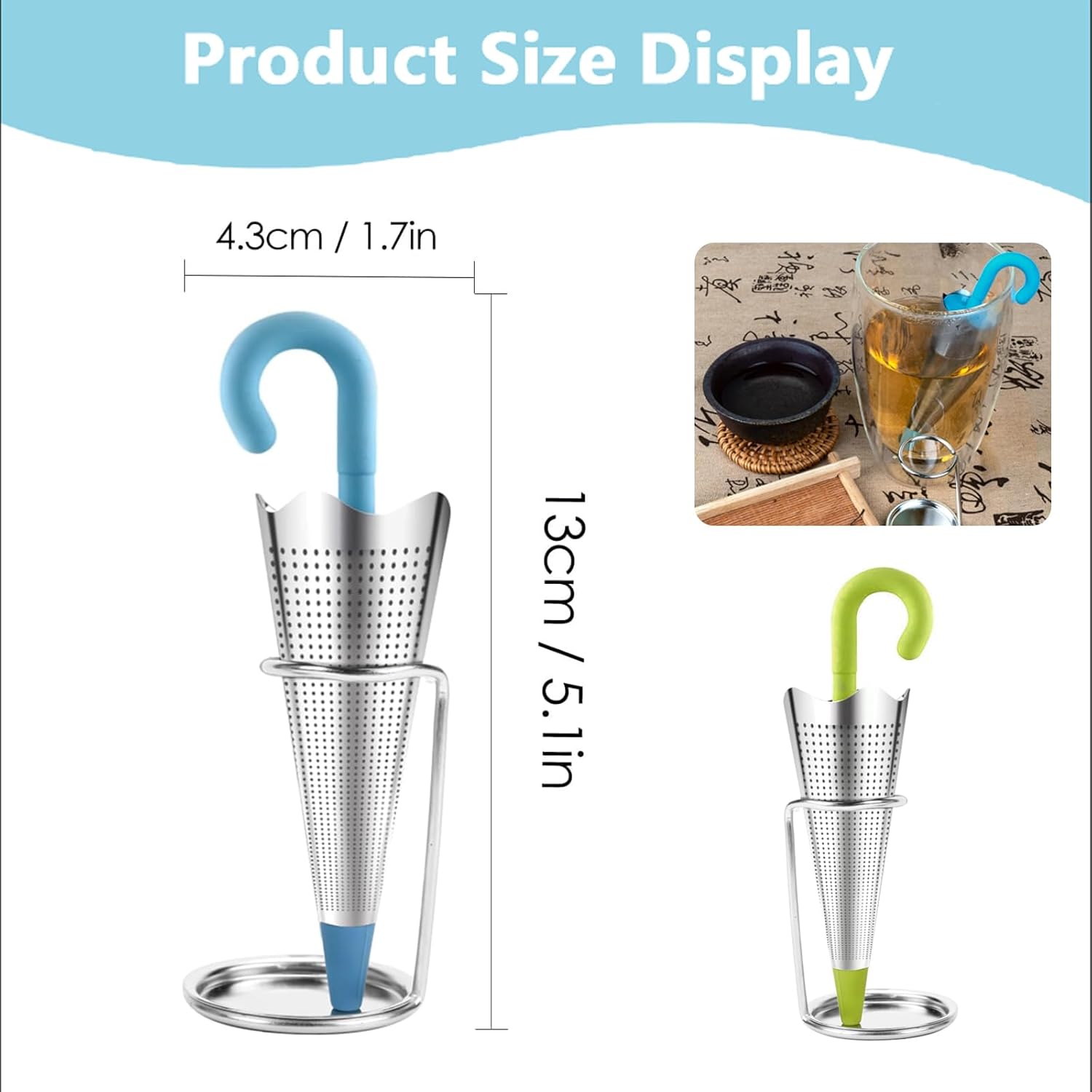 Pack of 2 Umbrella Tea Strainers, Tea Strainer for Loose Tea Bags, Tea Filter Stainless Steel, Tea Infuser for Loose Tea for Tea Lovers, Friends and Family (Blue, Green)