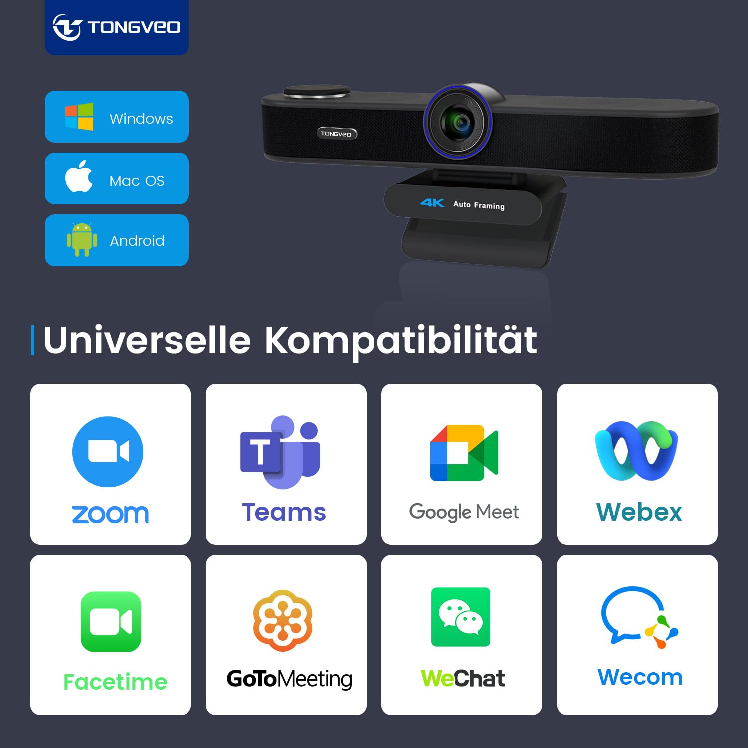 TONGVEO Webcam con zoom digitale 5x 4K con microfoni e altoparlanti, fotocamera ePTZ con telecomando e due microfoni, AI Auto Framing Webcam per conferenze Zoom, Skype, OBS, YouTube