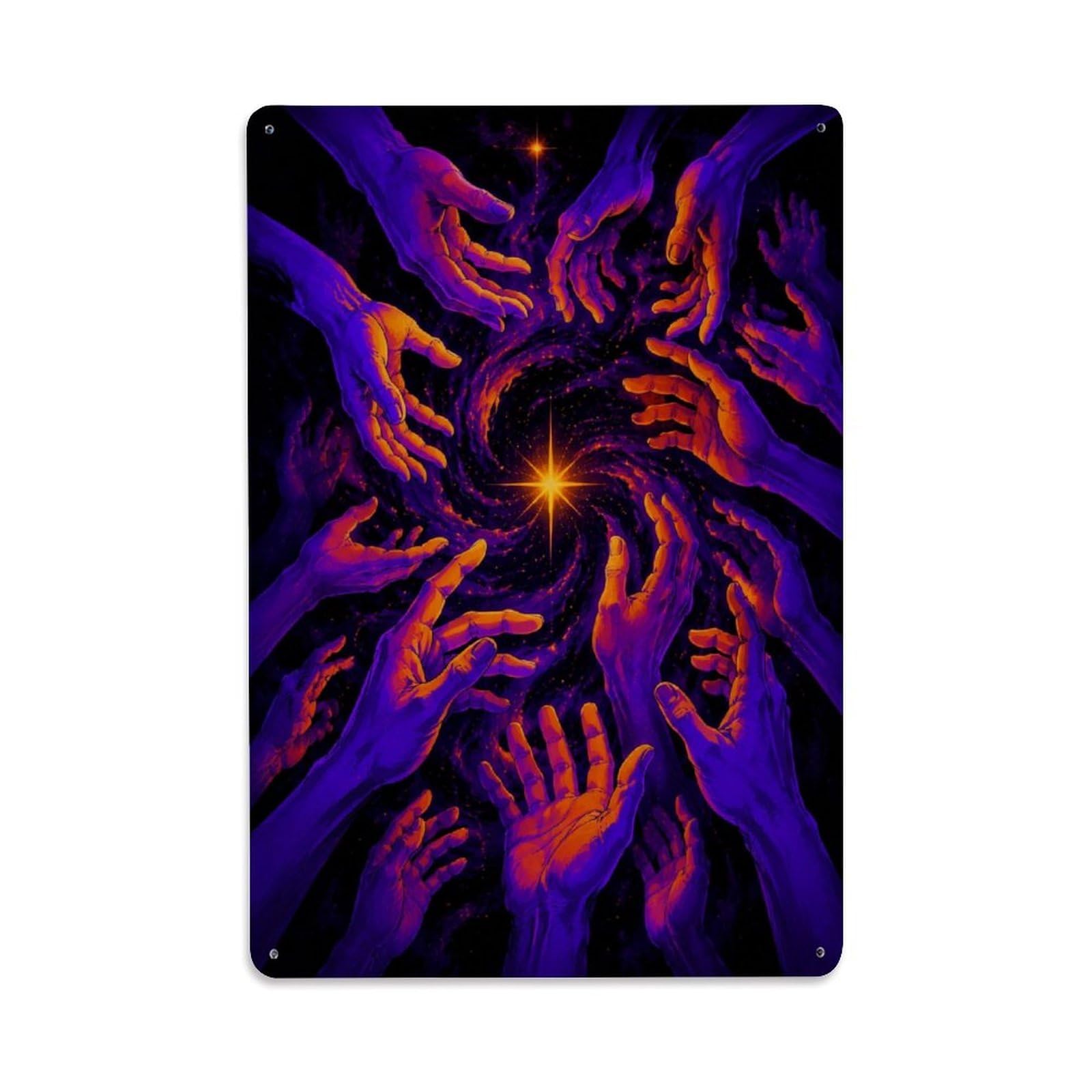 Neon Cosmic Reaching Hands Surreal Psychedelic Metal Tin Sign Plaque Wall Decor for Cafe, Man Cave, Club Bar, Office, Home Garden Round Metal Poster 8x12Inch