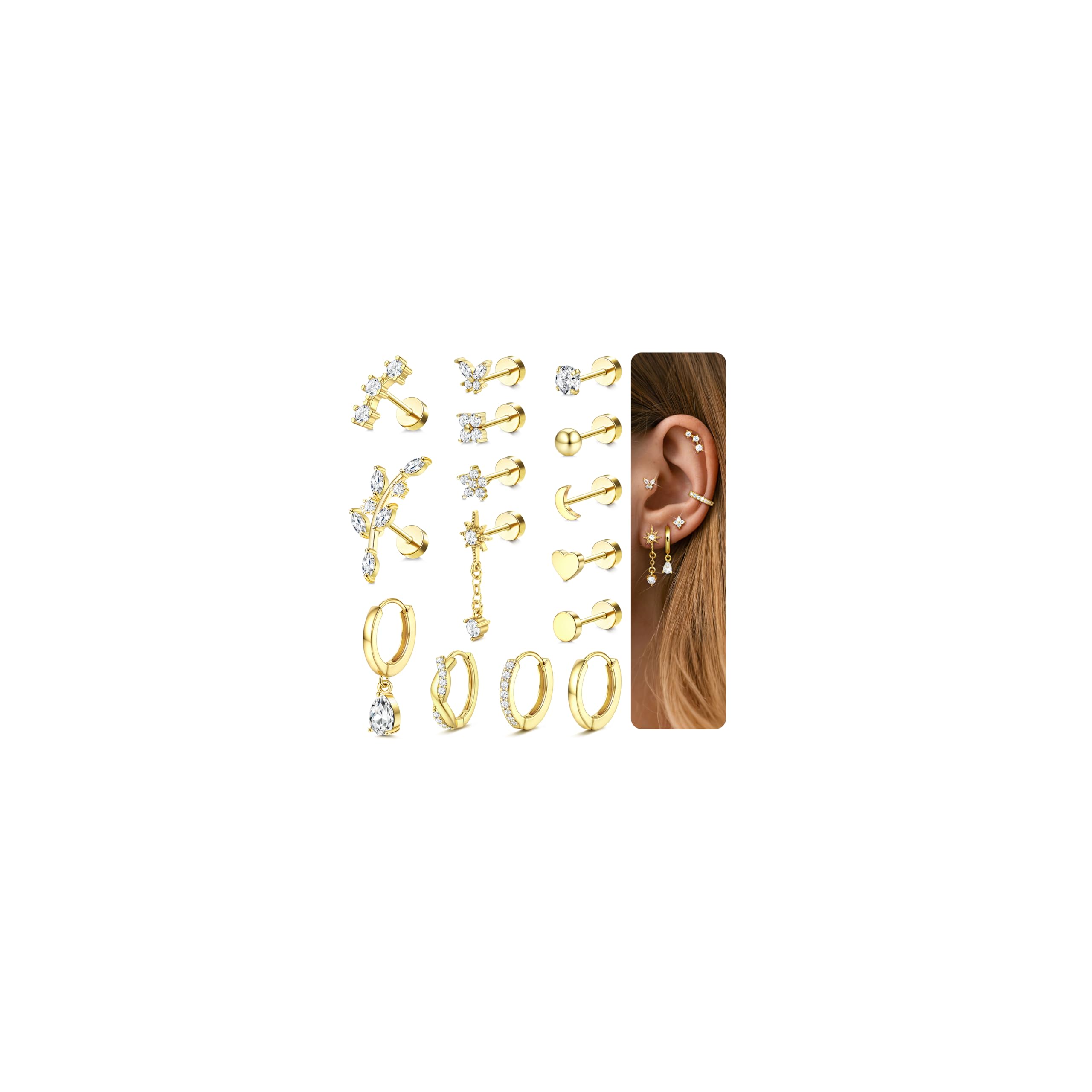 Diamday 15Pcs Helix Piercings Chirurgenstahl Piercing Ohr Ohrringe Gold Silber Tragus Piercing Set Hypoallergen Creolen Ohrstecker Ohrpiercing Knorpel Ohrringe Damen Helix Tragus Conch Piercings Gold