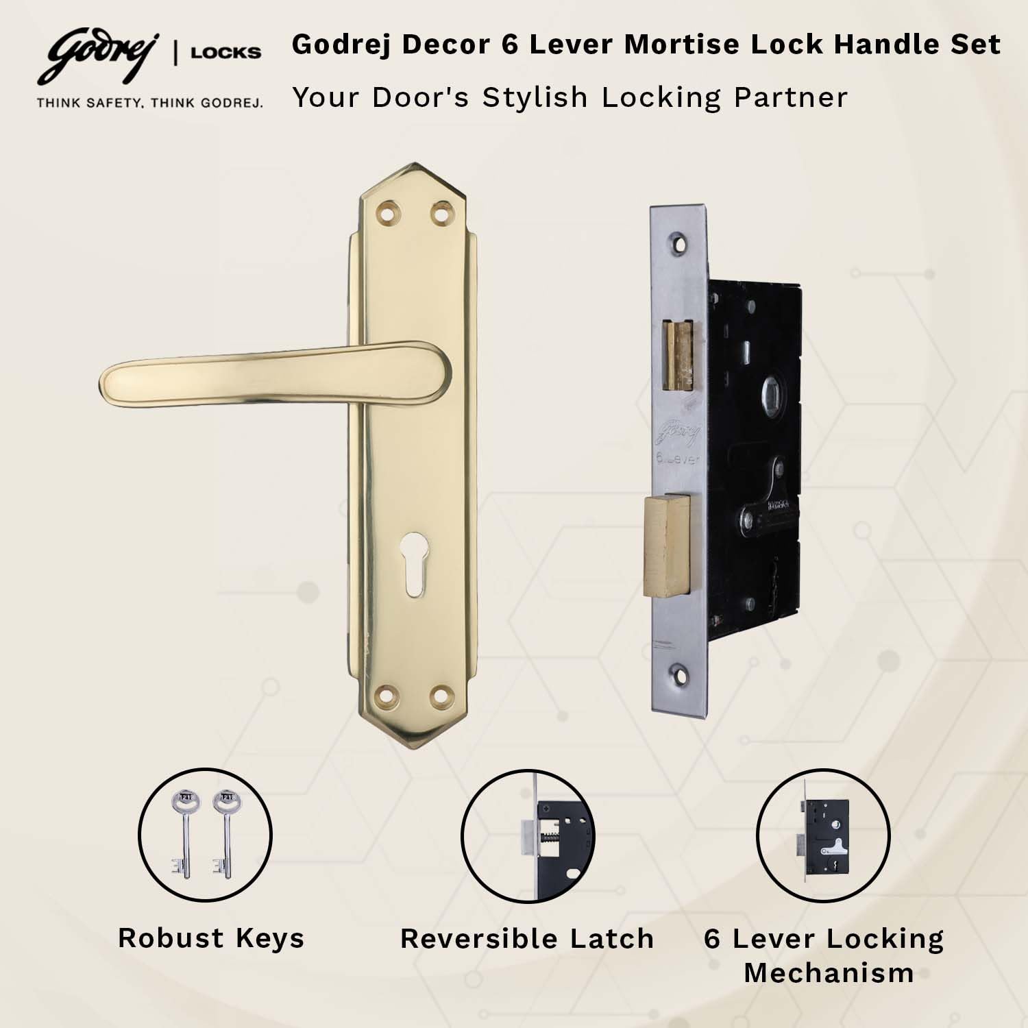 Godrej Mortise Door Lock Handle Set | 200mm Decor | 6-Lever Locking Mechanism | Reversible Latchbolt | Suitable for Left & Right Handed Doors (Brass Finish) — Amazon image 4