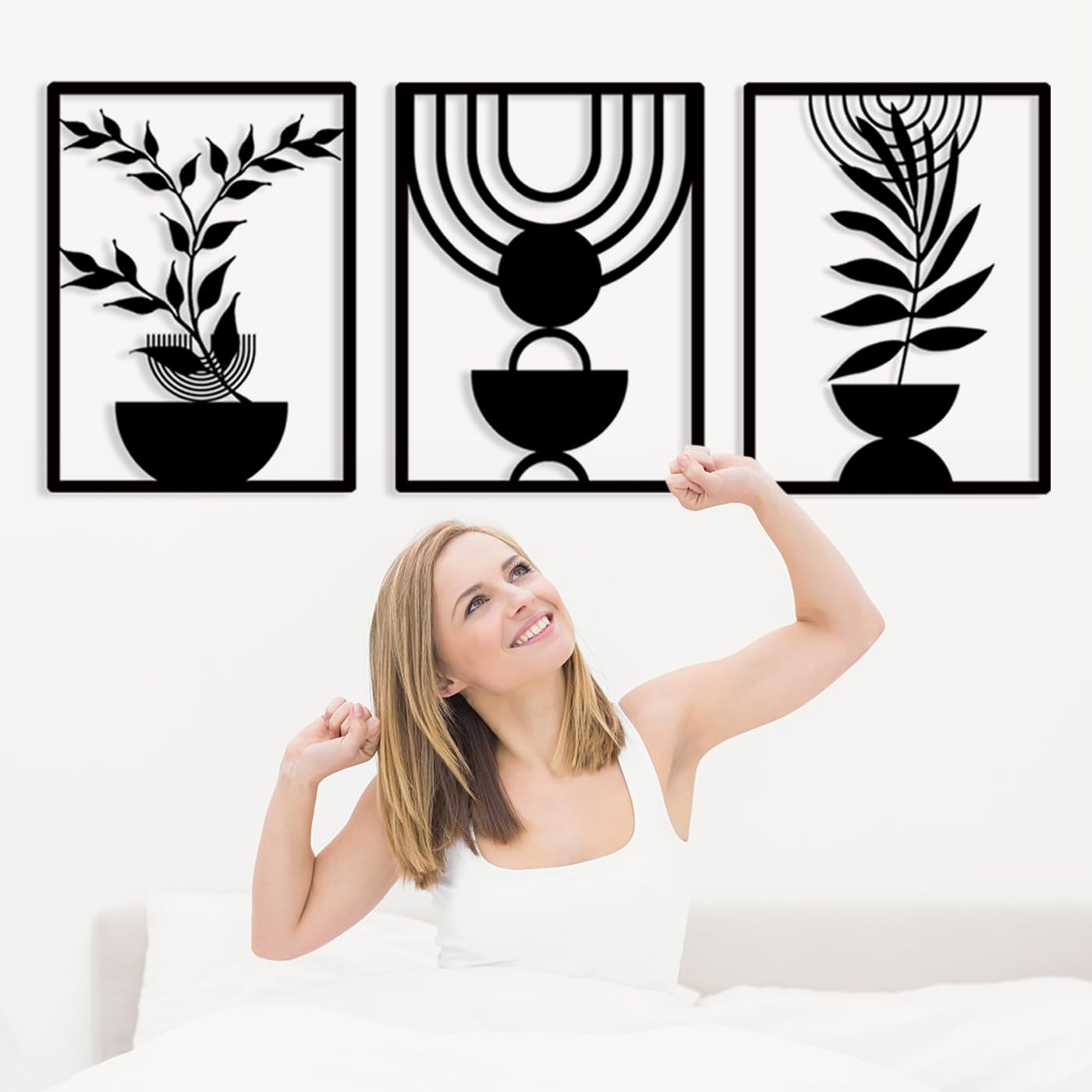 Pduoduo 3 Pannelli Arte da Parete in Metallo Stile Boho, Arte da Parete Geometrica Minimalista Astratta, Scultura in Metallo Nero per Soggiorno, Camera da Letto (56 * 42 cm)