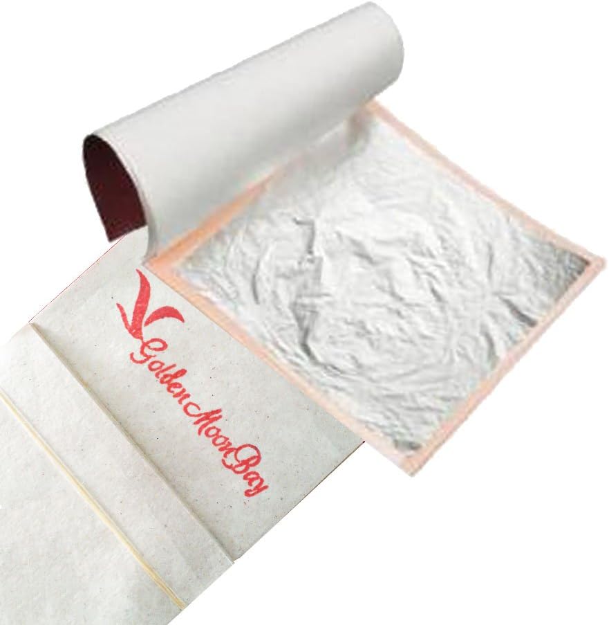 GoldenMoonBay Genuine Silver Leaf Sheets Gilding, Suitable for Arts, Crafts, Sculptures, Framing, Design Projects & Decorations, (Not Edible), Size of each Sheet: 1.9" x 1.9" | (100 Sheets)