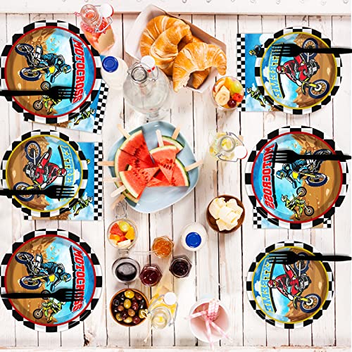 Image of gisgfim 24 Pcs Dirt Bike Paper Plates 7'' Disposable Dirt Bike Birthday Party Supplies Motorcycle Theme Dessert Plates Decorations Motocross Tableware Favor For Boys