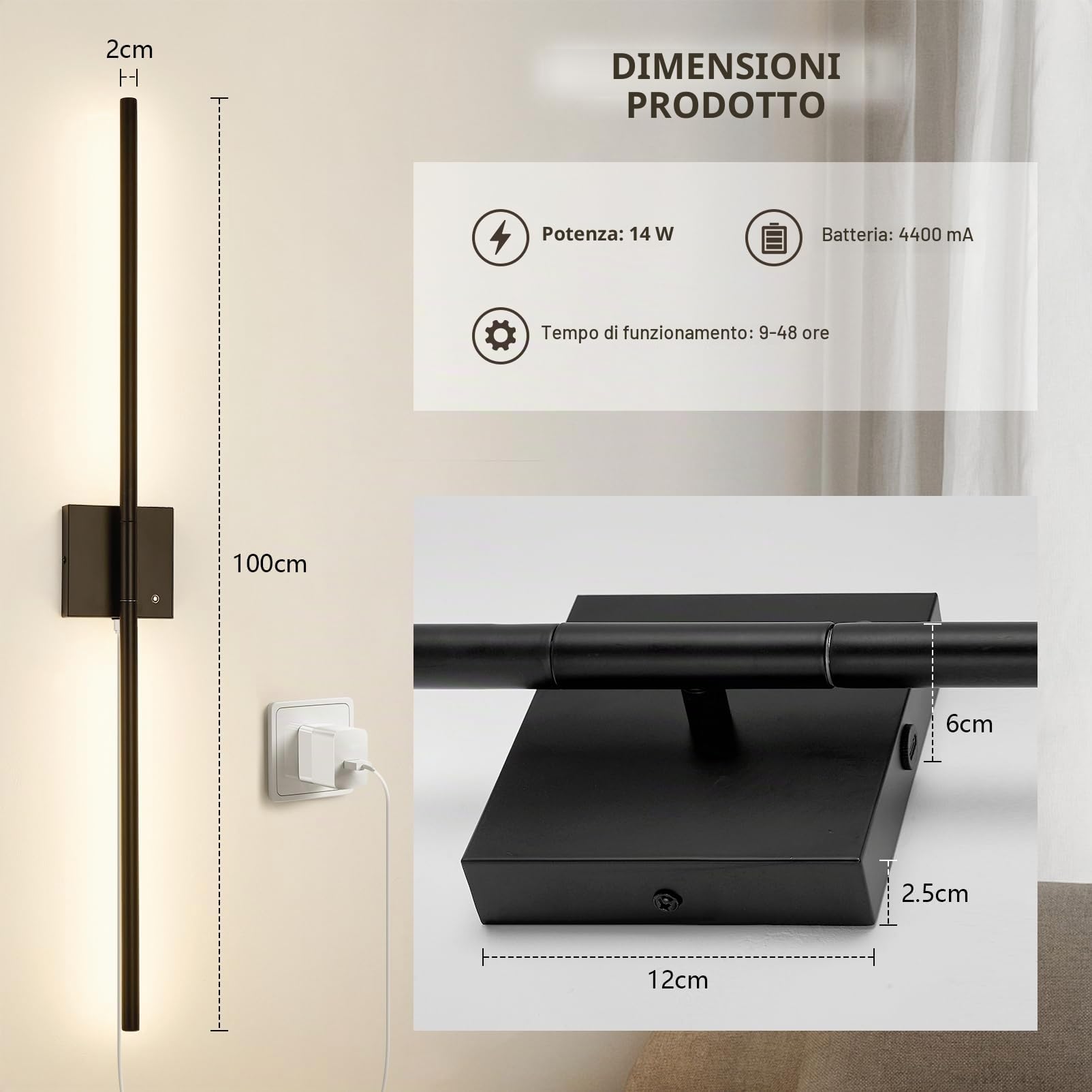 1 Pezzo 100cm Ricaricabile LED Applique da Parete Interno Senza Corrente, Batterie Lampada da Parete Senza Fili Moderno Appliques da Parete Up Down Dimmerabile 3000K-6500K con Telecomando
