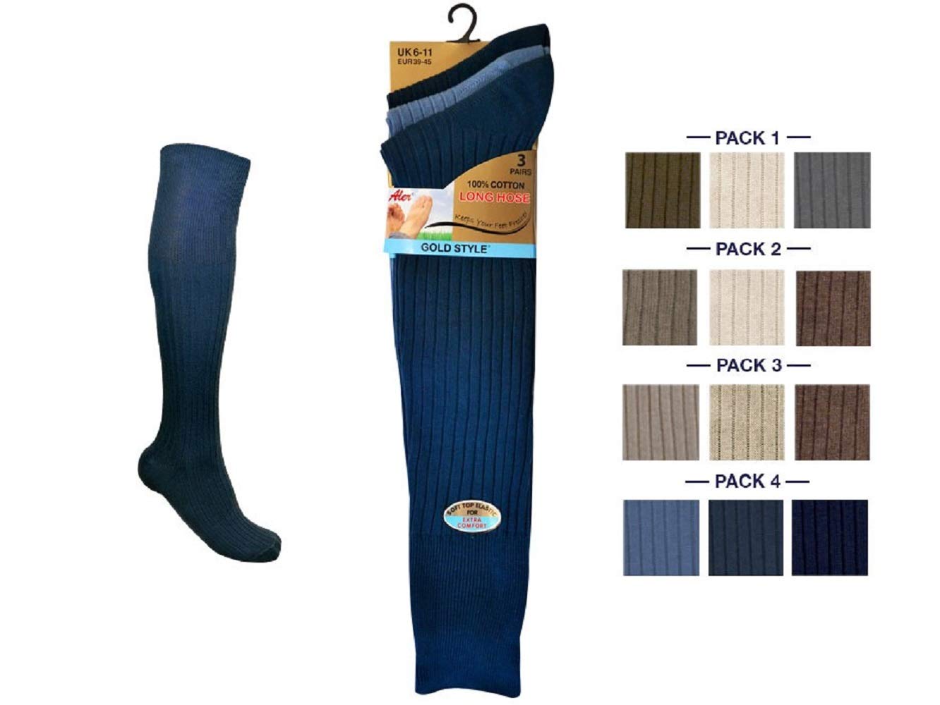 F & S LTD 6, 12 X Pairs Mens Socks Multipack Long Hose Ribbed Knee High Socks for Men, Super Soft and Comfortable 100% Cotton Long Socks - UK Size 6-11, EUR 39-45 (Fashion Assorted, 6)