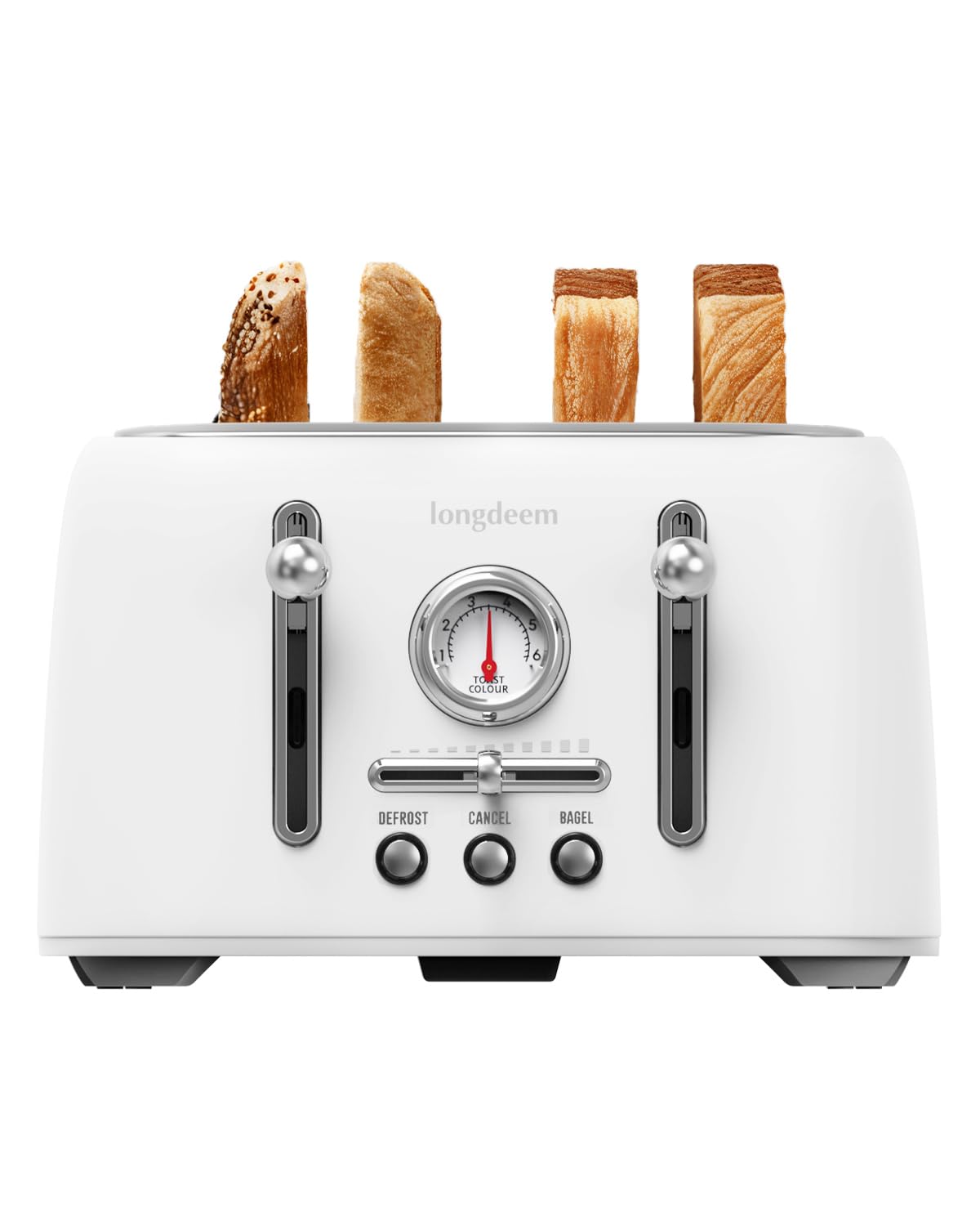 LONGDEEM 4-Slice Stainless Steel Toaster with 1.6" Wide Slots, Retro Bagel Toaster with 6 Browning Levels, Defrost/Bagel/Cancel, Removable Crumb Tray, Cute White