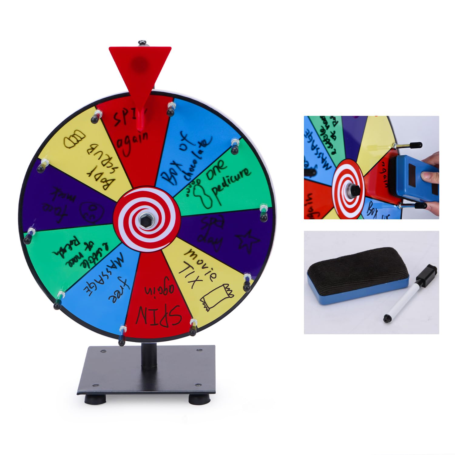 LIENE Glücksrad, Roulette-Spielset mit Drehrad, 30 cm Großer Drehteller, Löschbares Glücksradspiel mit Sockel, Bearbeitbare Felder, Inklusive Whiteboard-Radierer + Marker
