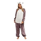 Cute Bear Fleece Pajamas for Women Sherpa Fuzzy Zipper Hooded One Piece Jumpsuit Cinch Bottom Sleepwear with Pockets