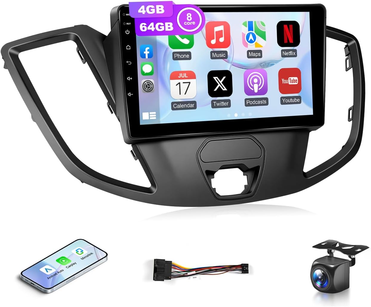 8Core 4G+64G Car Stereo for Ford Transit 2013 to 2019 Radio Wireless Apple Carplay Android Auto,9" Touch Screen for Transit Car Play GPS Navi 5G WiFi FM RDS EQ DSP Camera, Non. Large Screen