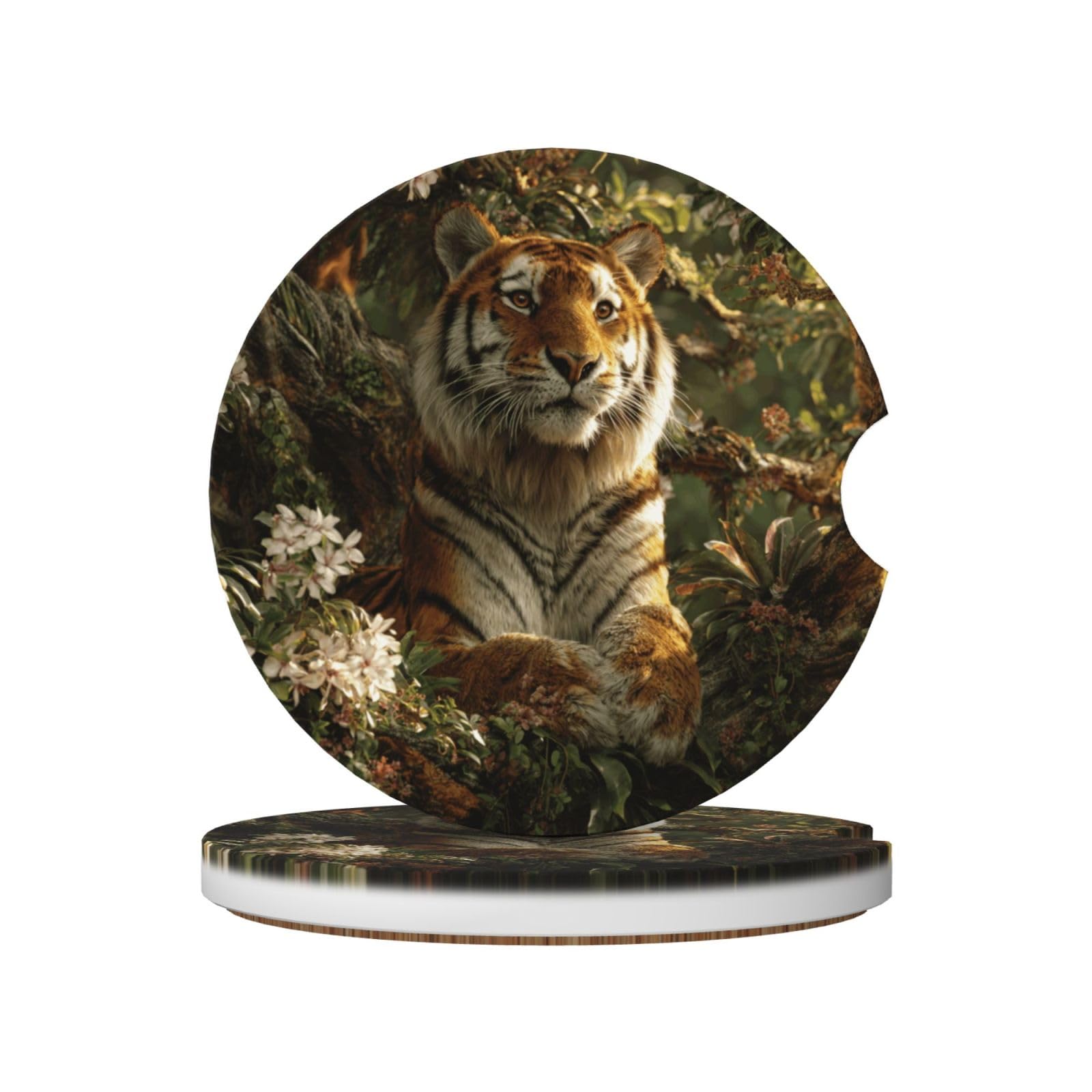 Jungle Tiger with Flowers Ceramic Coasters,2pcs