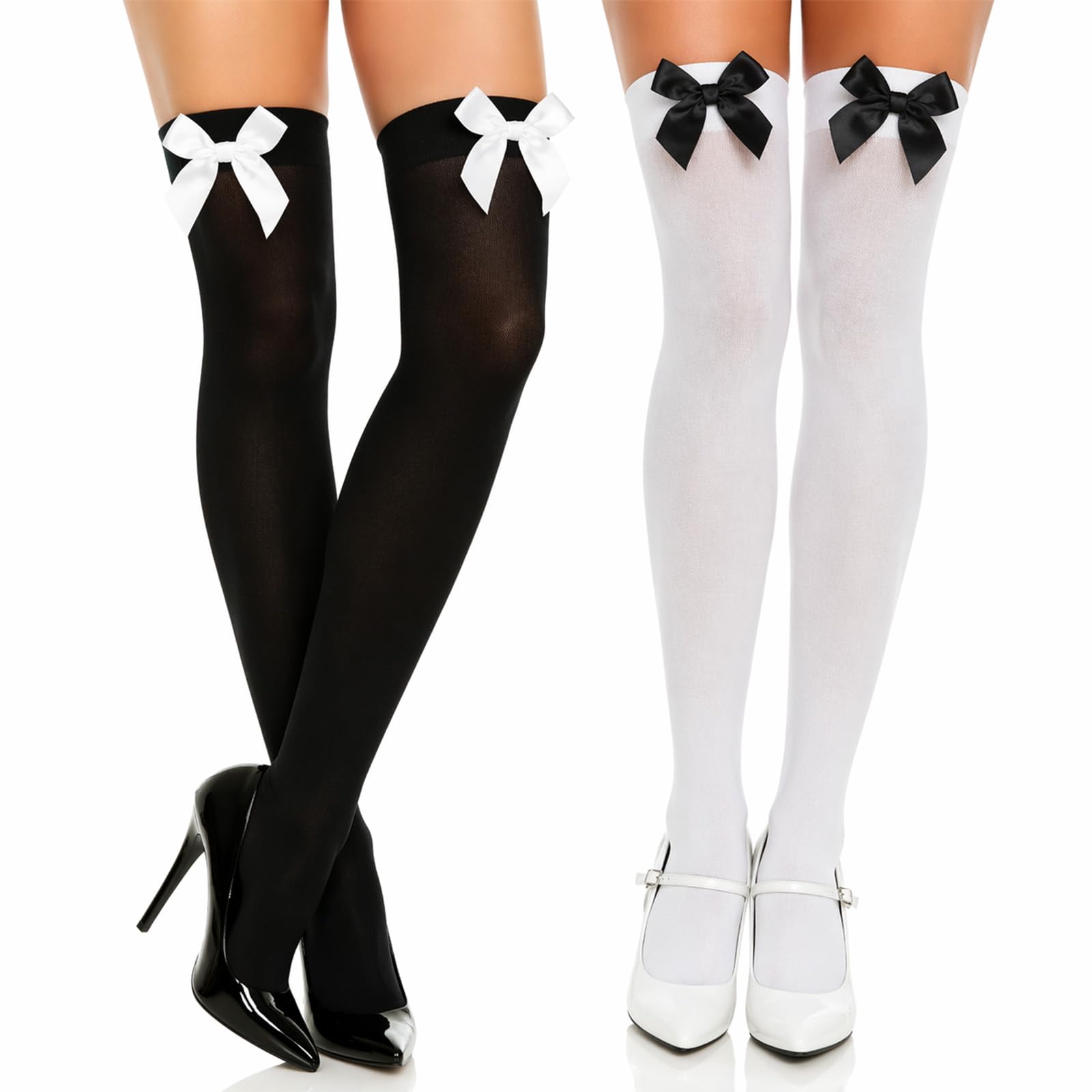 Cldurhge Women's Black 2 Pairs Thigh High Stockings, Opaque Bow Stockings Thigh High Stockings White Knee High Socks With Bows Knee High Socks Over Knee Long Tights For Girls