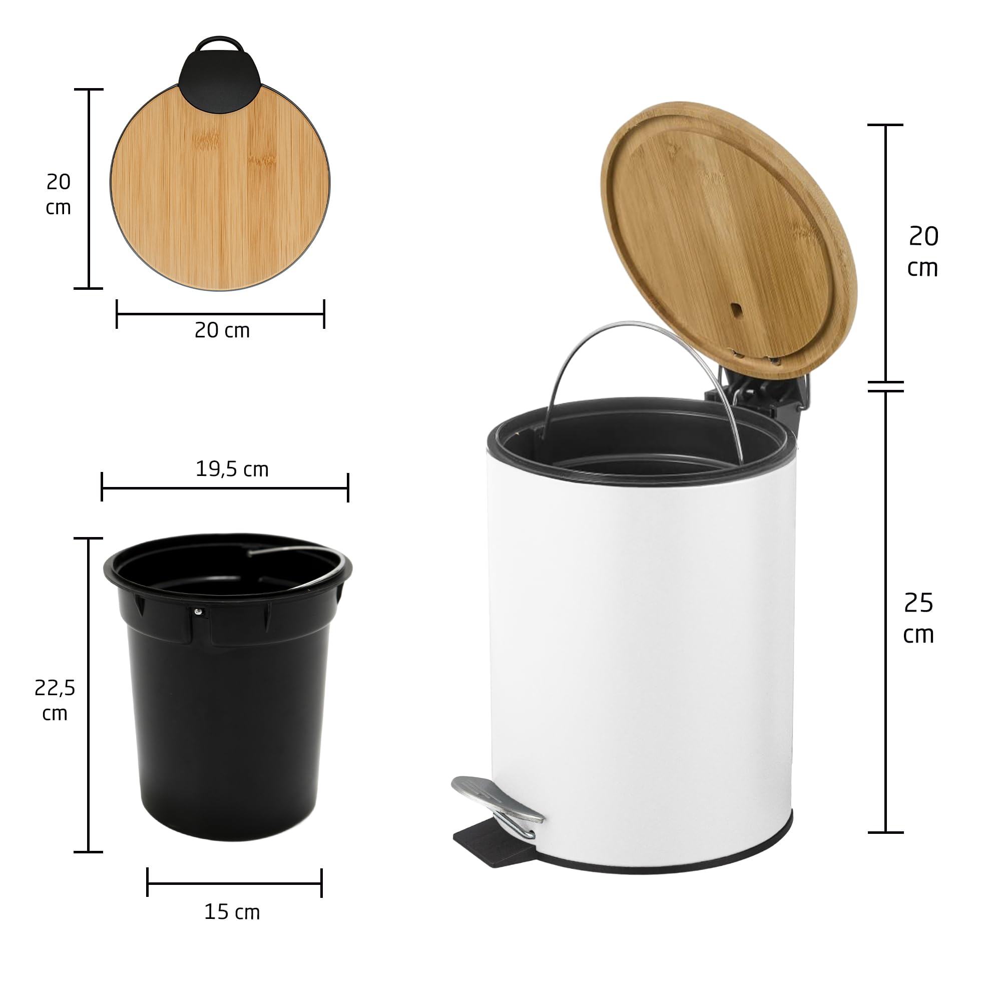 Amig Pattumiera da bagno con pedale 5 litri Naturline bianco bambù acciaio inox laccato 20x26 cm