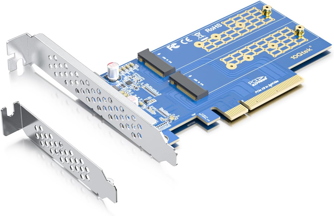 10Gtek Dual M.2 NVMe SSD Adapter Card - PCIe 3.0 x8 Slot (M-Key), Supports 2X NVMe Drives via Bifurcation | Requires BIOS Split Support | High-Speed Storage Expansion for Desktop PCs