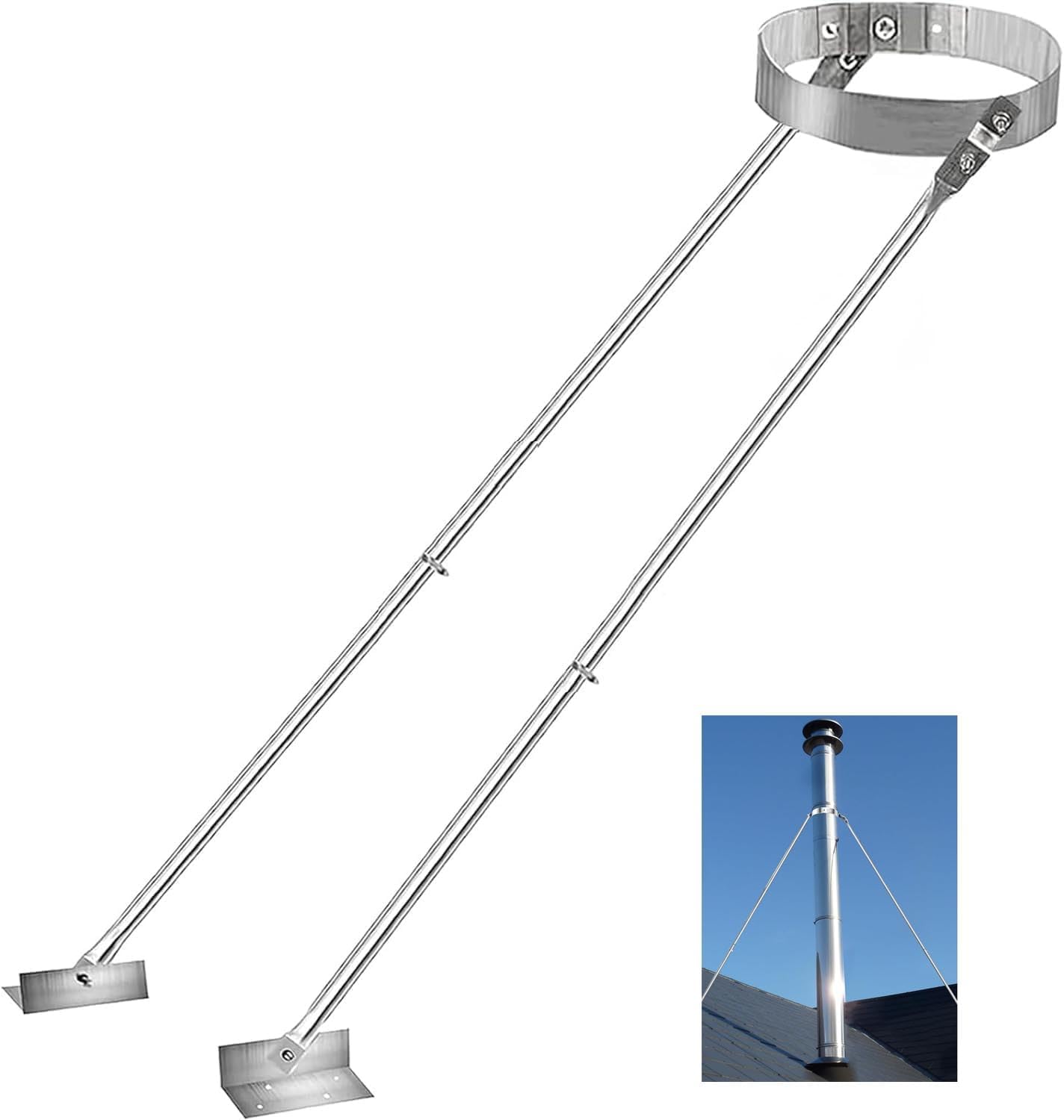 Roof Chimney Stainless Steel Extended Support Kit，Adjustable Extended Roof Brace Suitable for 6"-14" Diameter，Silver Chimney Stove Pipe Support Provide Stability Against Wind & Snow