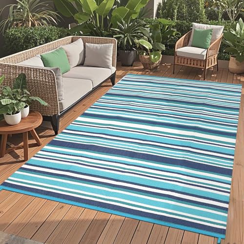 GarveeHome 9x12 Outdoor Rug Modern Geometric Lines Plastic Straw Outdoor Rugs Striped Reversible Patio Outdoor Carpet Portable Colorful Outside Large