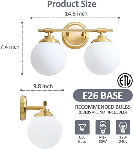 Miniatura 2 de Lámparas de baño doradas, 2 luces ETL para tocador sobre espejo con vidrio de leche, iluminación suave, apliques de baño de 15 pulgadas (excluye la