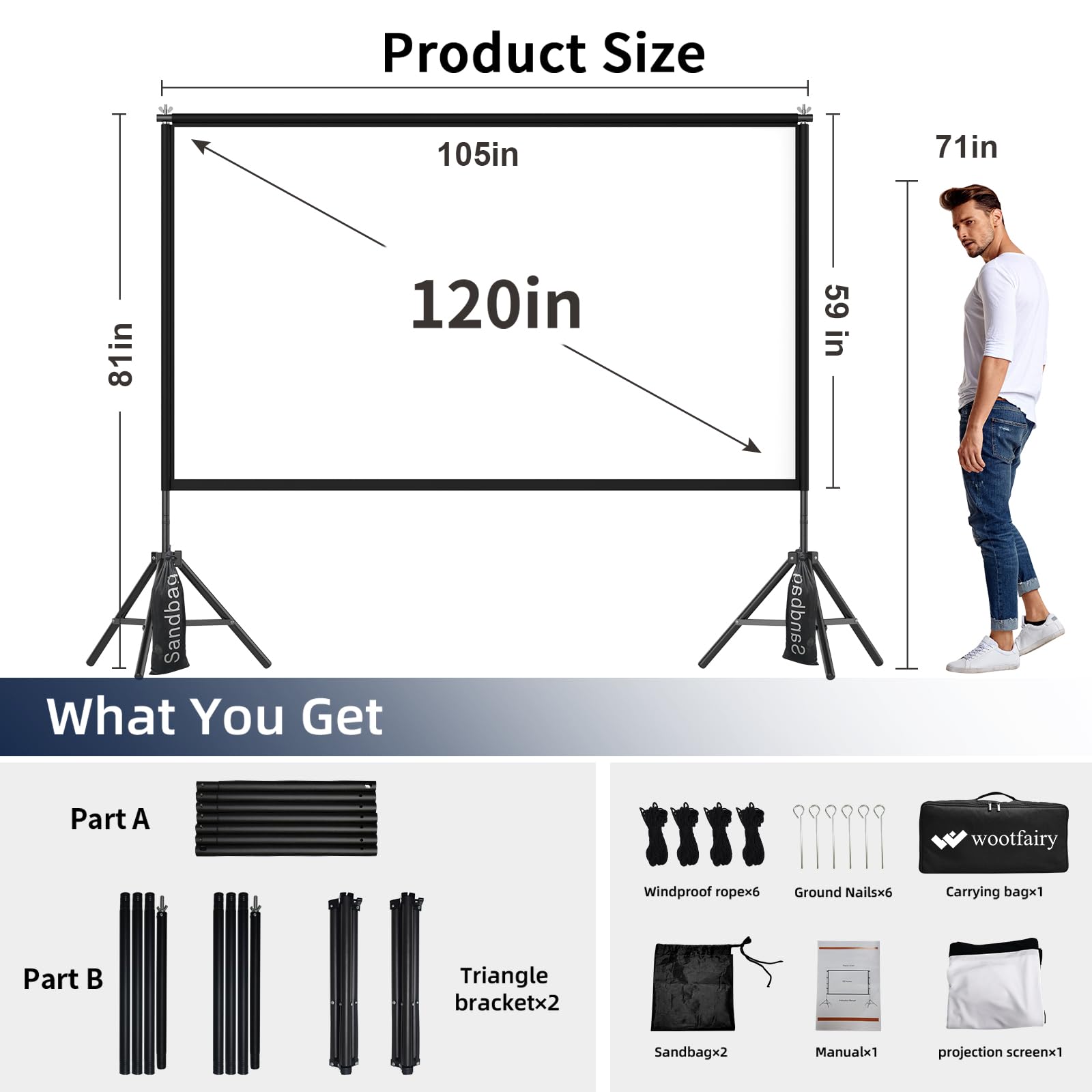 wootfairy Projektor-Leinwand mit Ständer, 120 Zoll, tragbar und faltbar, für Innen- und Außenbereich, 16:9, 4K-HD, Rückseite vorne, faltenfrei, Filmleinwand mit Tragetasche für Heimkino, Hinterhofkino