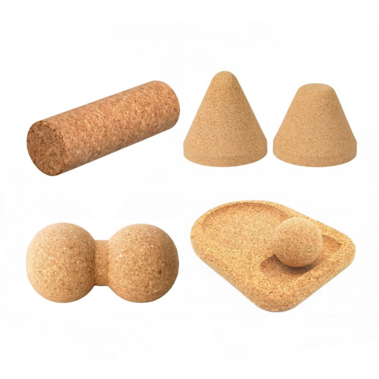 5-teiliges Massage-Set aus Kork | Faszien- und Massagetools aus Presskork | Duoball, Fußrolle, Faszienball & Triggertools | robust & langlebig | Made in Portugal