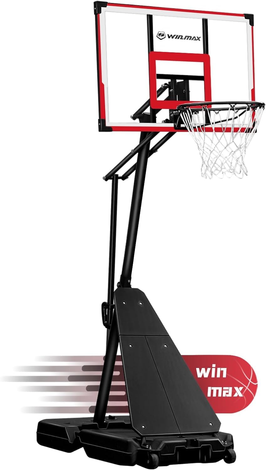 WIN.MAX Portable Basketball Hoop Quickly Height Adjusted 4.9-10ft Outdoor/Indoor Basketball Goal System with 44 inch Backboard and Wheels for Adults