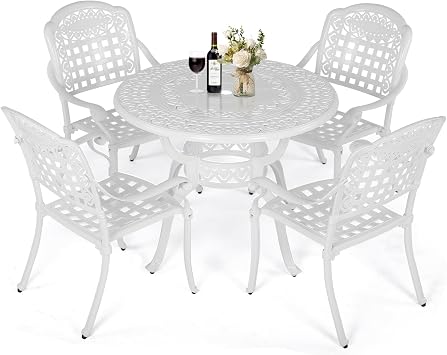 VIVIJASON 5-Piece Patio Furniture Dining Set, All-Weather Cast Aluminum Outdoor Conversation Set, Include 4 Chairs and 1 Round Table w/Umbrella Hole for Balcony, Lawn, Garden, Backyard, White