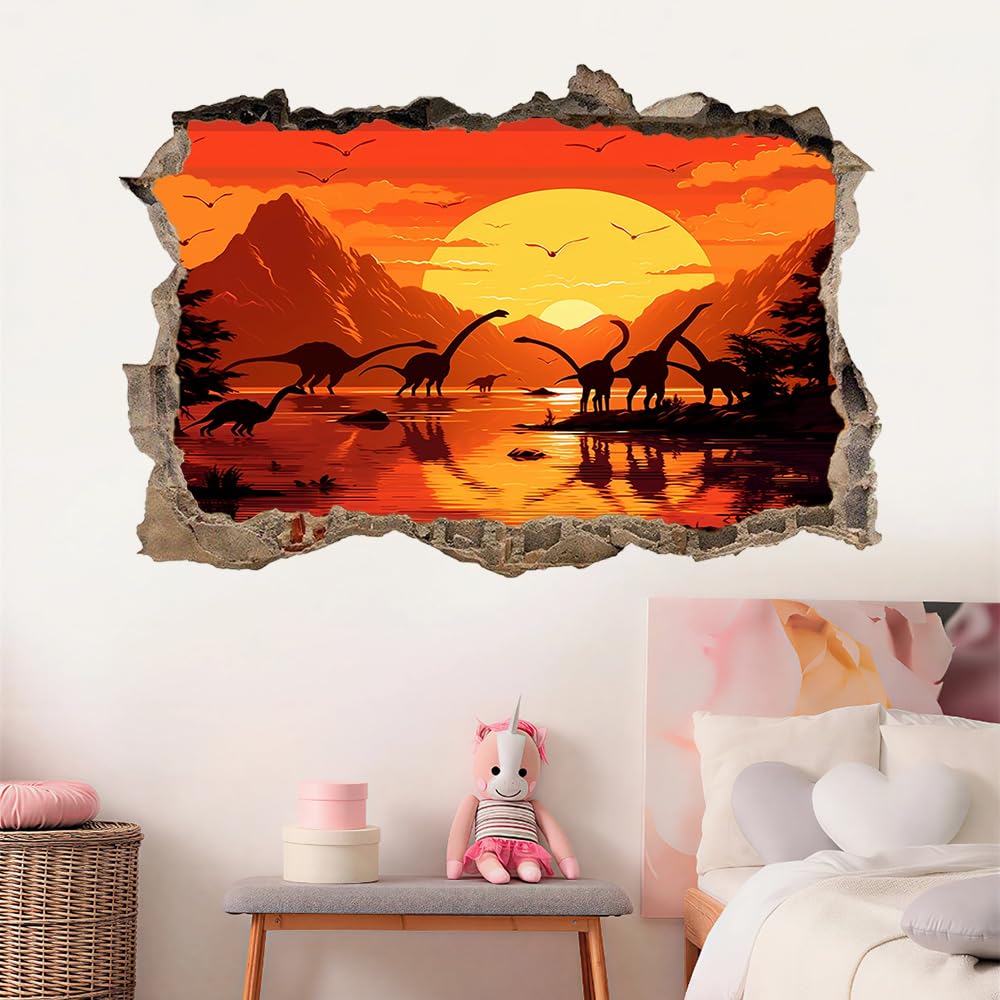 3D Wandtattoo Wanddurchbruch, Sonnenuntergang Am Dinosaur Lake Durchbruch Wandaufkleber für Kinderzimmer, sticker für Wohnzimmer, Naturlandschaft Wandsticker, Wandbild Junge Mädchen Schlafzimmer