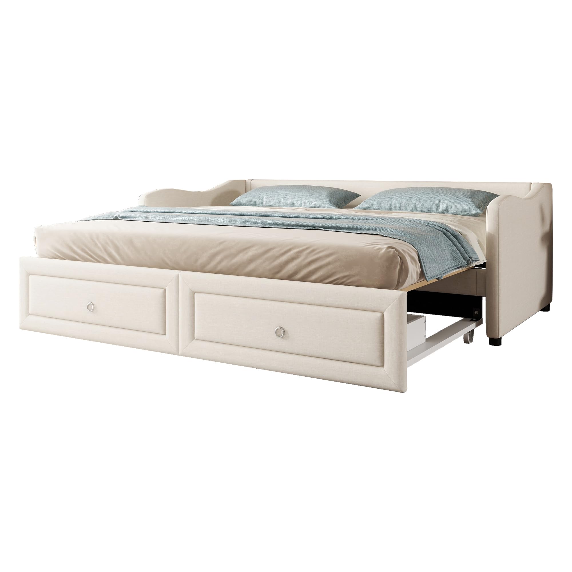 Lcoho Daybettt, Tagesbett mit ausziehbarem Bett, Schlafsofa mit Zwei Schubkästen, Einzelbett(Ohne Matratze), Leinen, Minimalistisches Styling (Beige)