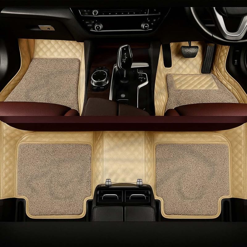 Image of Premium 7D Car Floor Mat Full Set for Skoda Octavia (2018-2022) | Luxury Leather with Detachable Curly /Grass Car Foot Mat with Heal Pad | 100% Waterproof & Anti-Skid (Beige Beige)