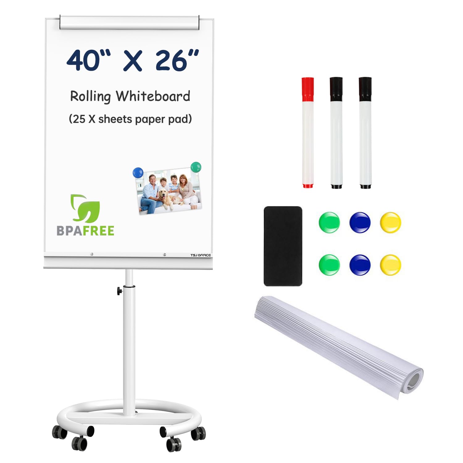 TSJ OFFICEMobile Standing Whiteboard - 40 x 26 Inches Dry Erase Magnetic White Board with Stand Flipchart Easel Height Adjustable