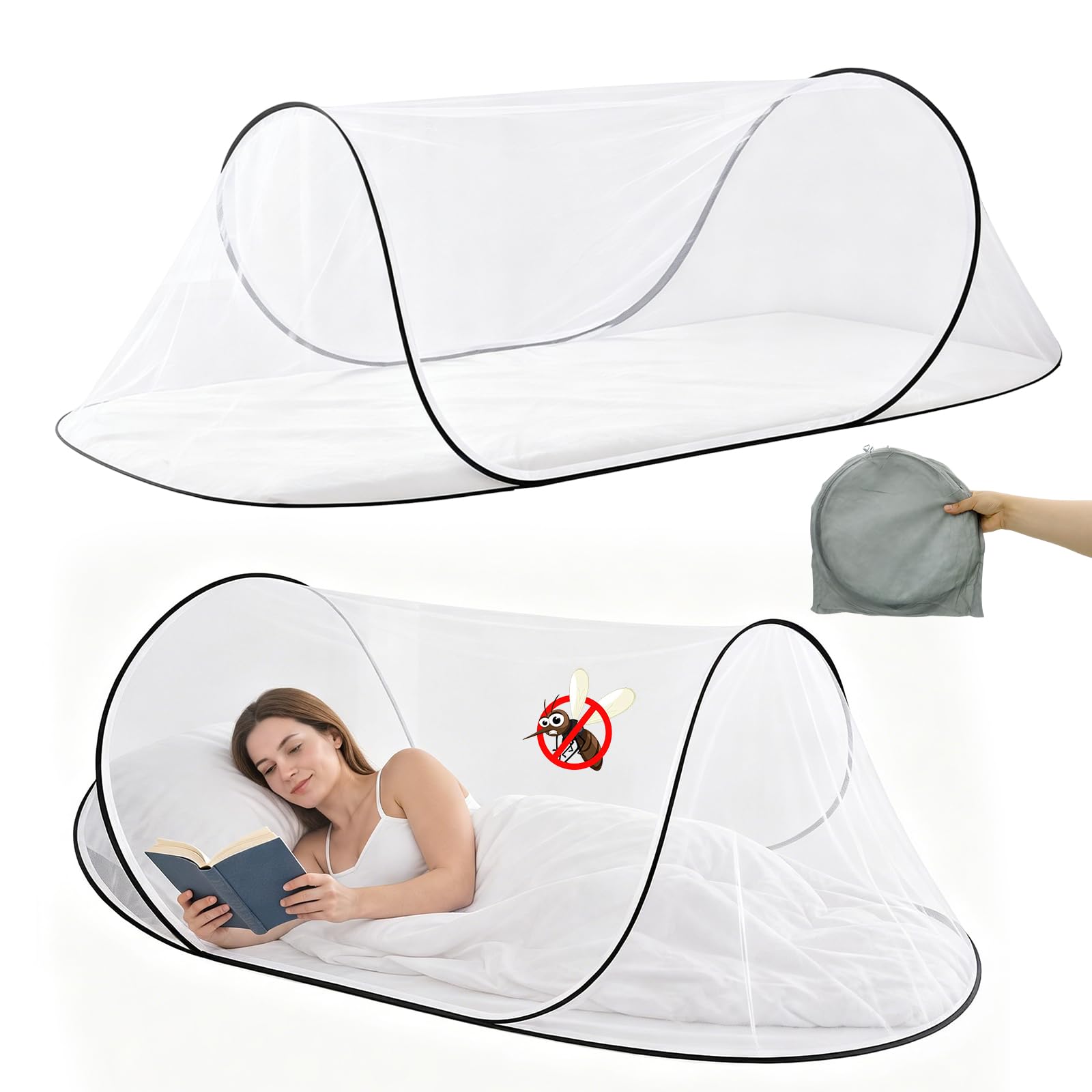 Foldable Mosquito Net, Pop-up Mosquito Net, Portable Single Bed MosquitoNet with Zip, Family Mosquito Net Bed for Outdoor Camping, Travel, Home Dorm, Easy And Fast Installation (Black)