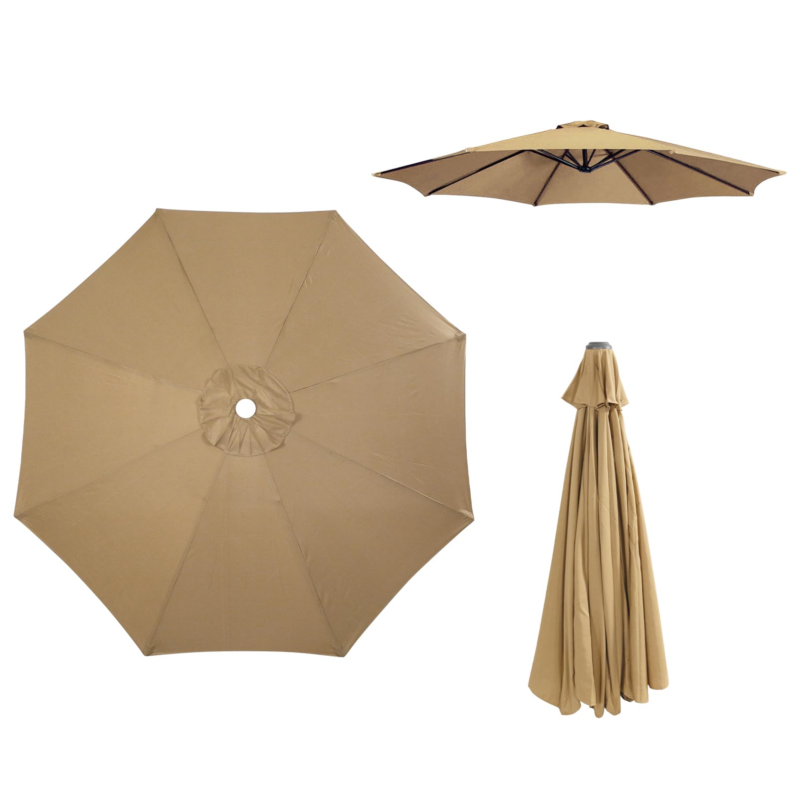 KMDZDZGS 2.7m/3m Replacement Parasol Canopy, Sun Umbrella Fabric Cover with 6/8 Ribs, Anti-UV Garden Patio Parasol Cover Sun Shade Canopy for Outdoor Table Umbrellas (Khaki - 2.7m, 8 Ribs)