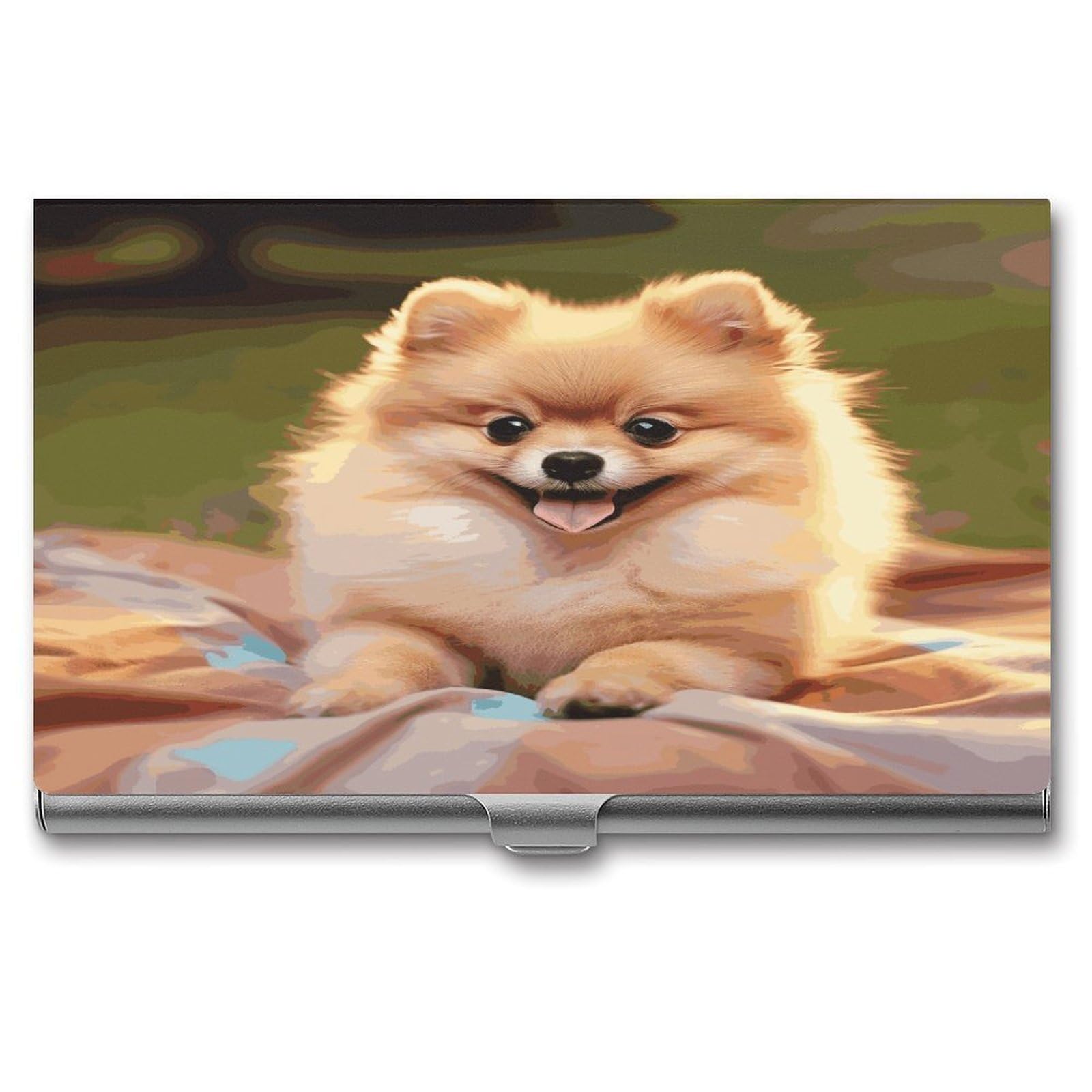 LDGSUPH Short-haired Pomeranian Business Card Holder Fashion Slim Name Card Holder Minimalist Design Case Metal Card Carrier Personalized Business Card Case with Flip for Men Women