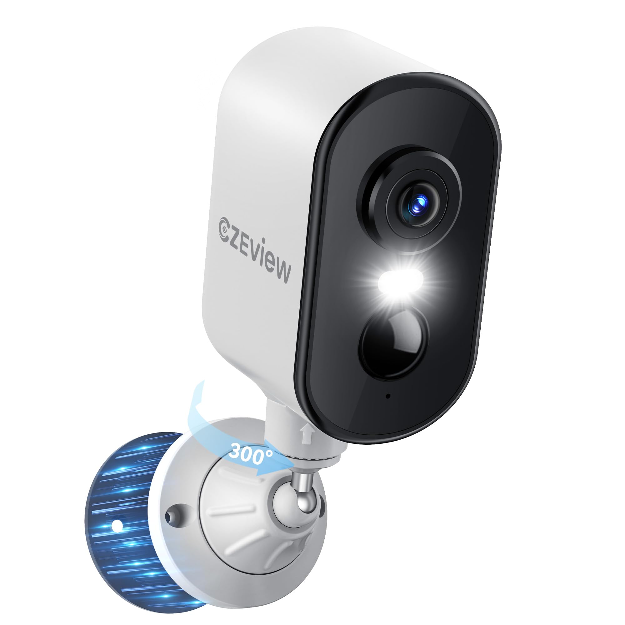 CZEview 2K Caméra de Surveillance Extérieure, sans Fil avec Batterie, Vision Nocturne Couleur, Audio Bidirectionnel, Détection de Mouvement, PTZ 300°, Montage Magnétique, IP65, WiFi 2.4G (Blanc)