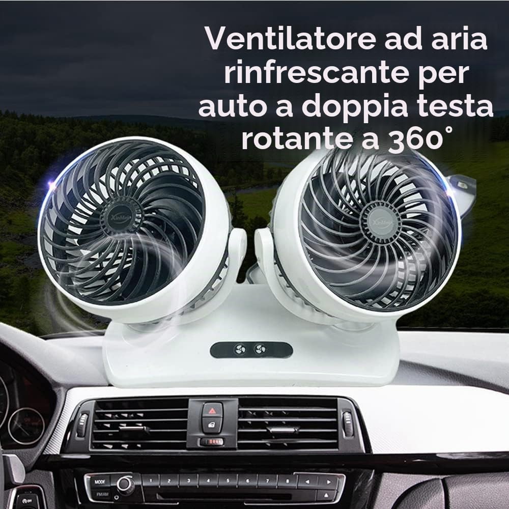 Baceyong Ventilatore Auto Doppia Testa 12V/24V, Rotazione 360° | Doppia testa girevole a 360°, 2 velocità, display LED, per auto, SUV, camion e camper 12V/24V