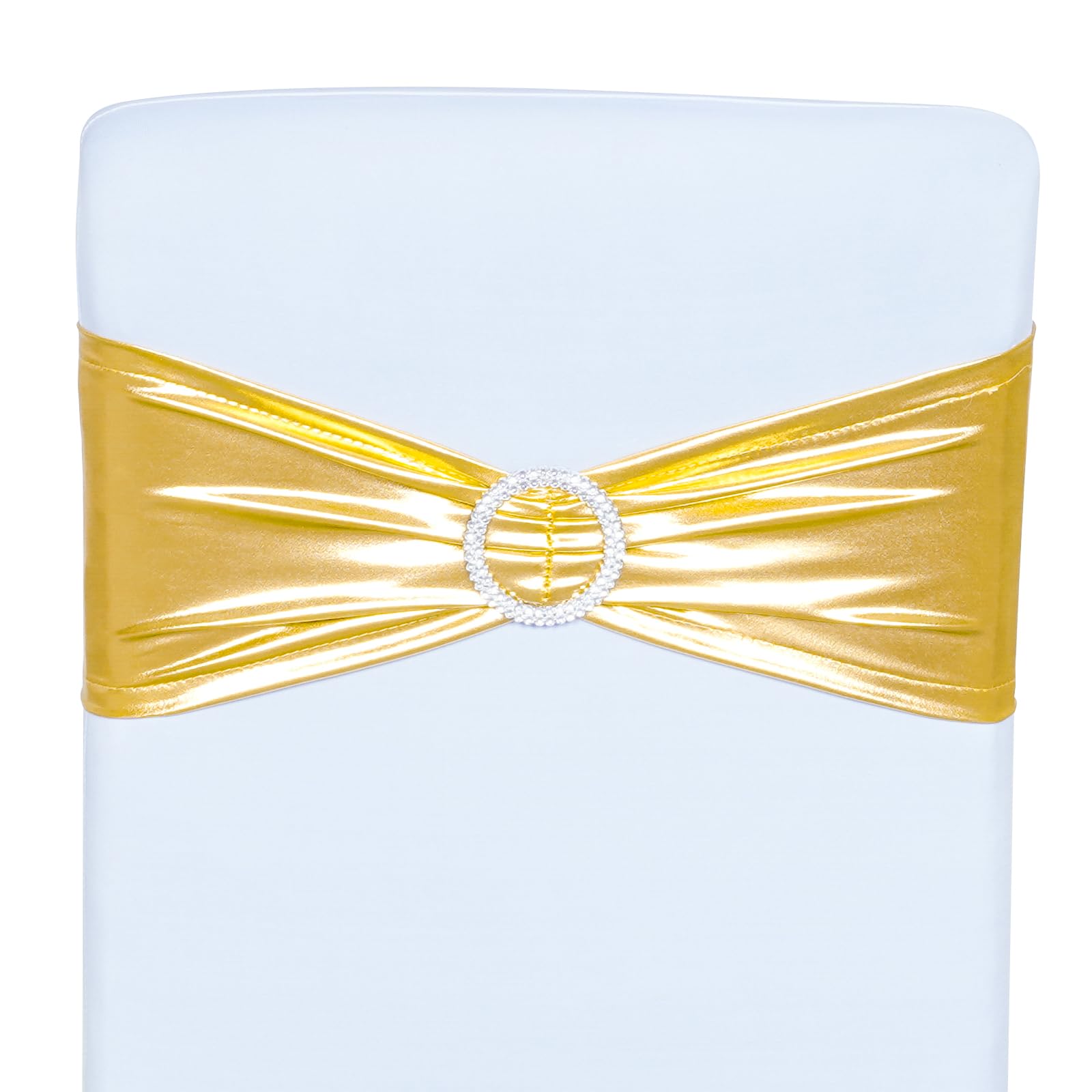 SquarePie 50 PCS Metallic Gold Spandex Chair Sashes - Shiny Stretch Bows with Buckle Slider - No-Tie Universal Elastic Chair Bands for Wedding Reception Party Banquet Event