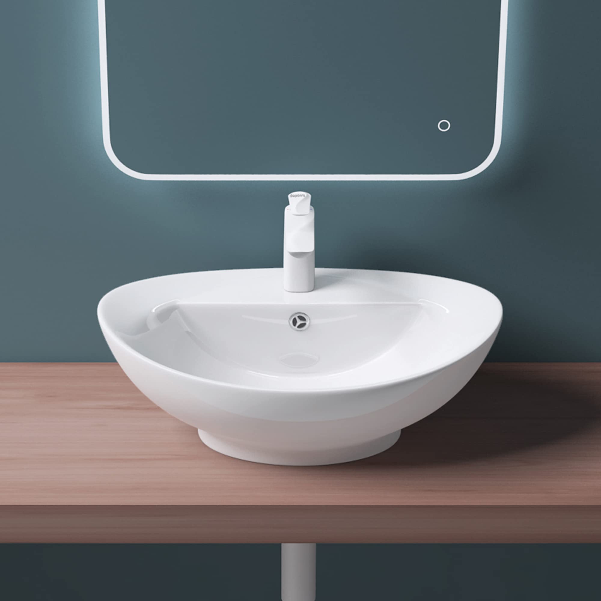Mai & Mai Vasque Ovale à Poser 59x39x21cm Blanc avec Trop-Plein | Vasque Lavabo, avec Perçage de Robinet, Céramique, pour Salle de Bains Moderne, BR302
