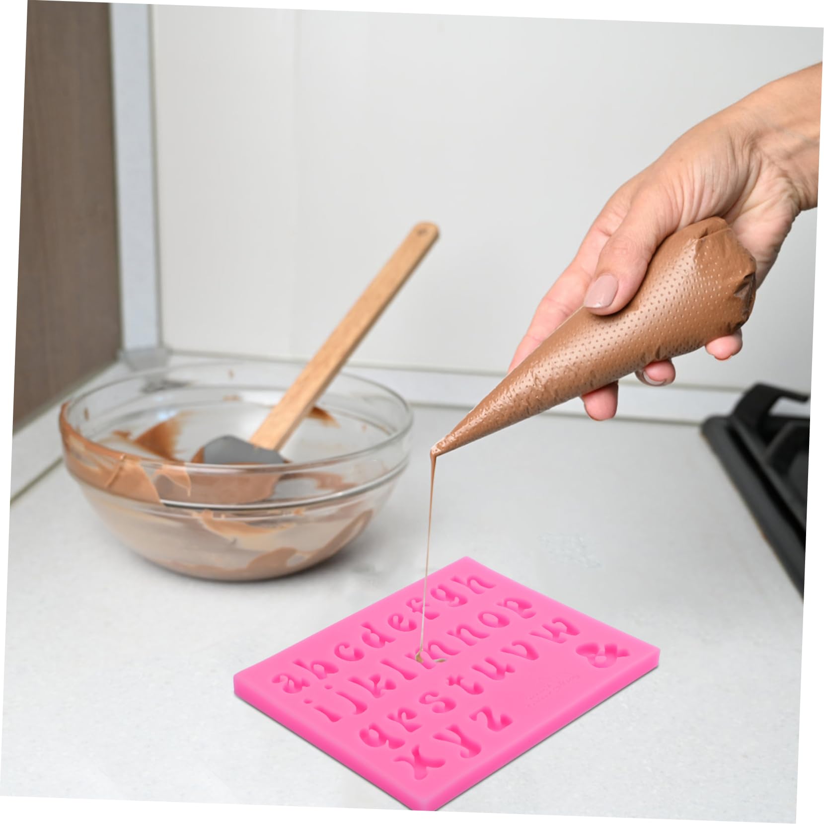 IMIKEYA Set di 4 stampi per lettere di cioccolato alfabeto, stampi per lettere di cioccolato biscotto, stampi per cioccolato, stampo in silicone per cioccolato, gel di silice rosa, 3 pezzi x 4
