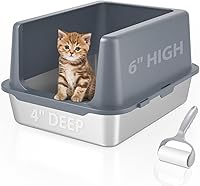 LIHOOOOM Stainless Steel Litter Box with Lid - 10" High Sides Enclosed Metal Tray for Large Cats, Non-Stick Easy Clean Grey