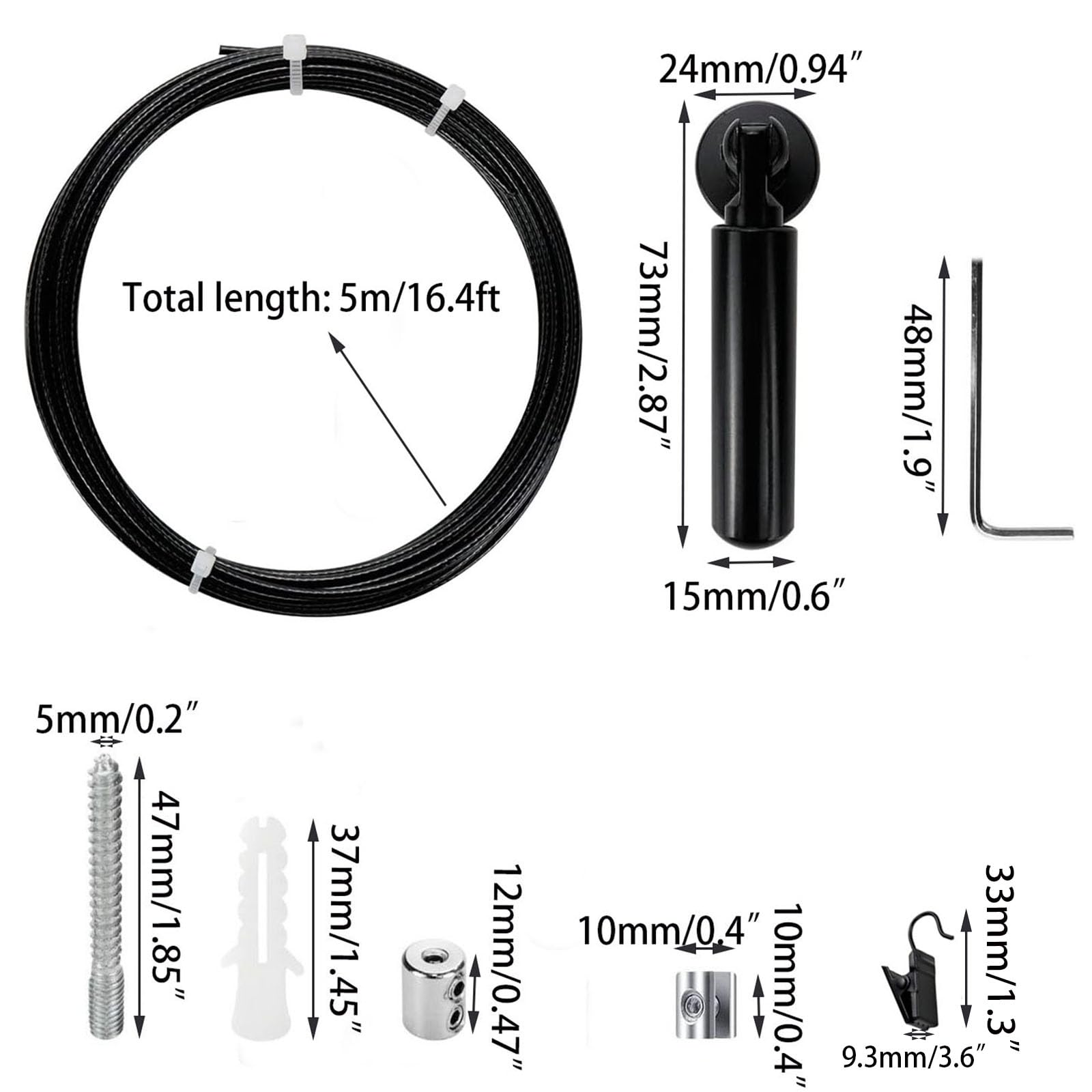 Yuqim Wall Mount Curtain Wire Rod Kit Stainless Steel Picture Hanging Wire with 24 Hanging Clips Clothesline Wire Multi-Purpose Curtain Rod Set(Black)