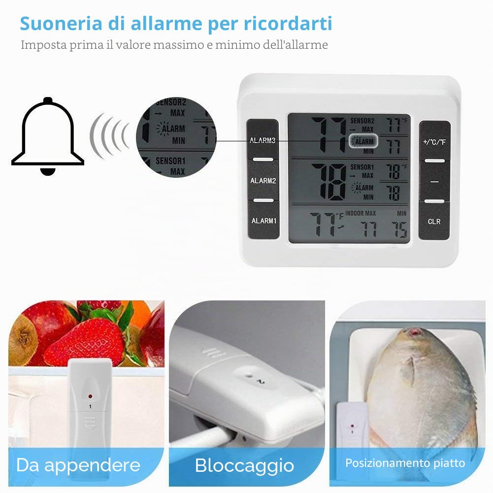 Termometro per Frigorifero Digitale, Termometro Senza Fili Interno/Esterno del Congelatore con 2 Sensori Wireless e Allarme Audio, Termometri da Frigo Registrare Min/Max, per Casa, Ristoranti
