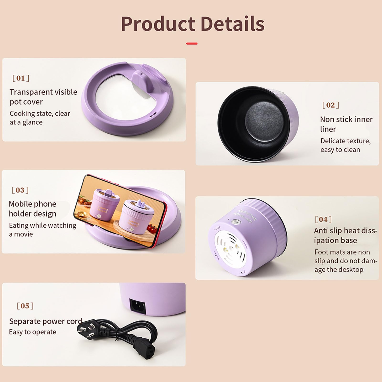 Cocina Eléctrica Mini Multiusos, Olla Pequeña Versátil, Sartén Múltiple de 1.2L con Tapa y Soporte para Teléfono, Olla de Ramen Portátil para el Hogar (Morado) - CREAMOON XDG159