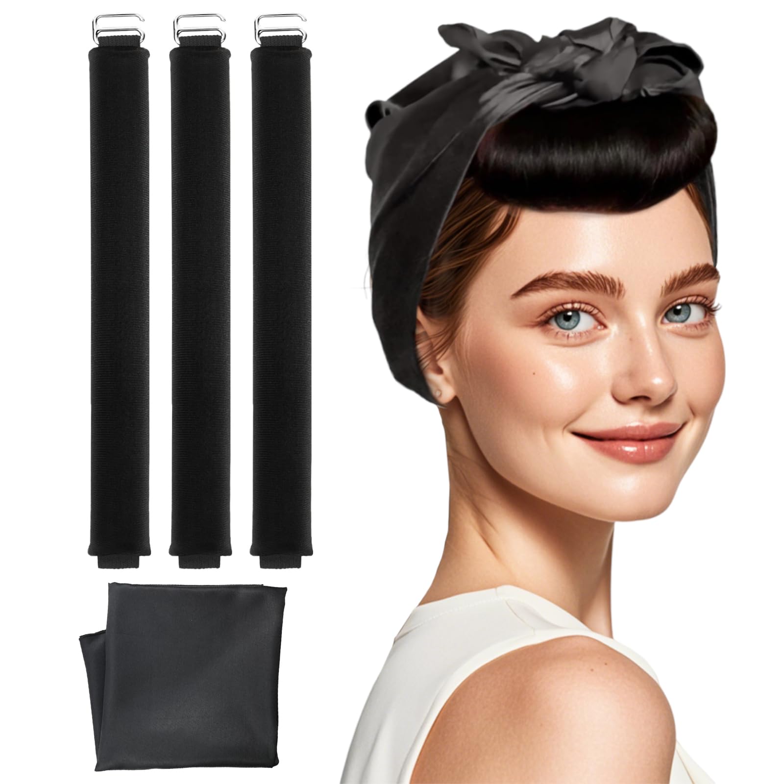 Heatless Curls Overnight, Velvet Satin Heatless Hair Curler Set, Heatless Hair Curler Overnight for All Hair Types, Hair Styling Accessories with Silk Scarf (Black)