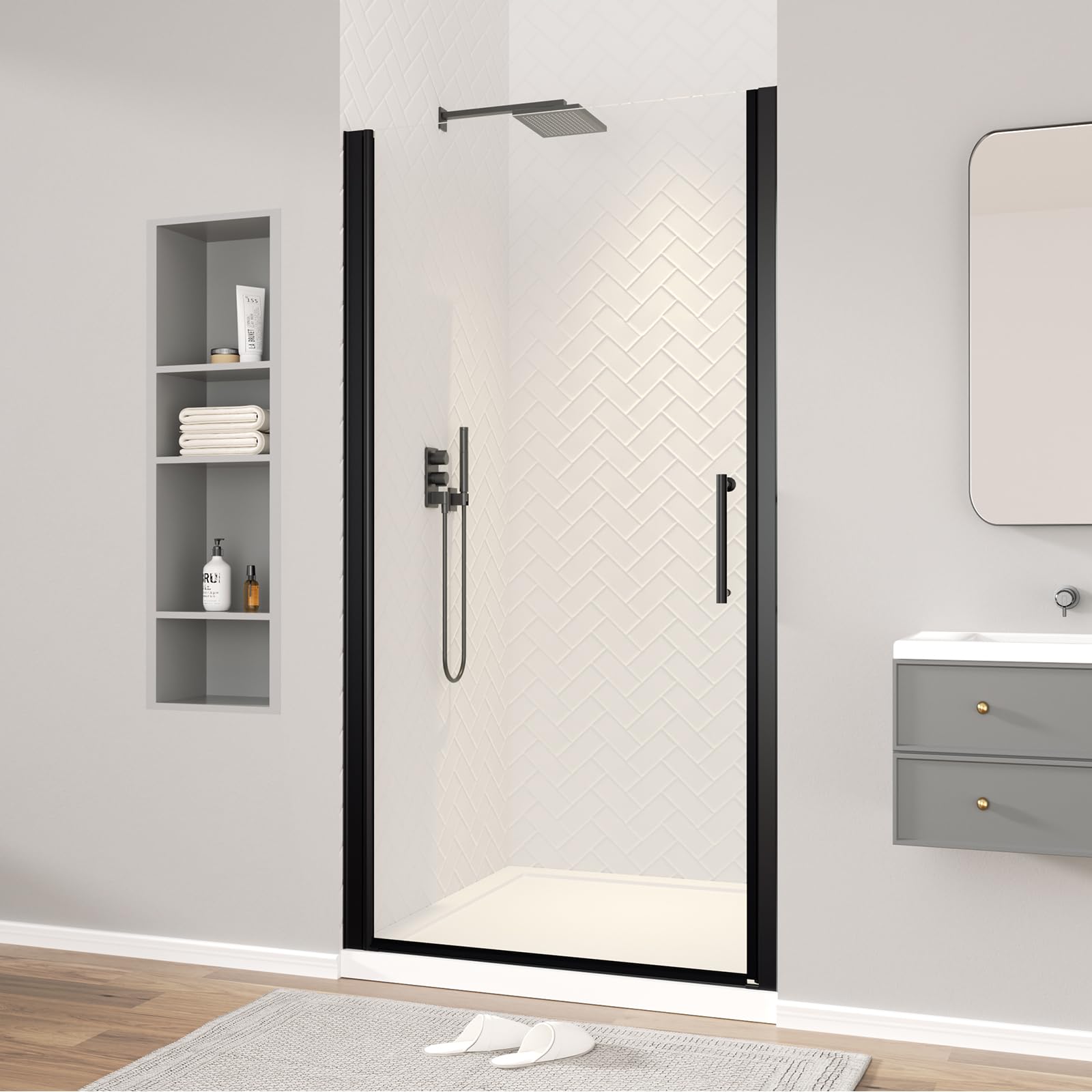 Photo 1 of ***STOCK PHOTO FOR REFERENCE ONLY***SANODUSCHA Frameless Pivot Shower Door,34-35.4" W x72 H Walk in Swing Glass Door,1/4"(6mm) Tempered Glass,Adjustable Width,Reversible Matte Black Aluminum Shower Door