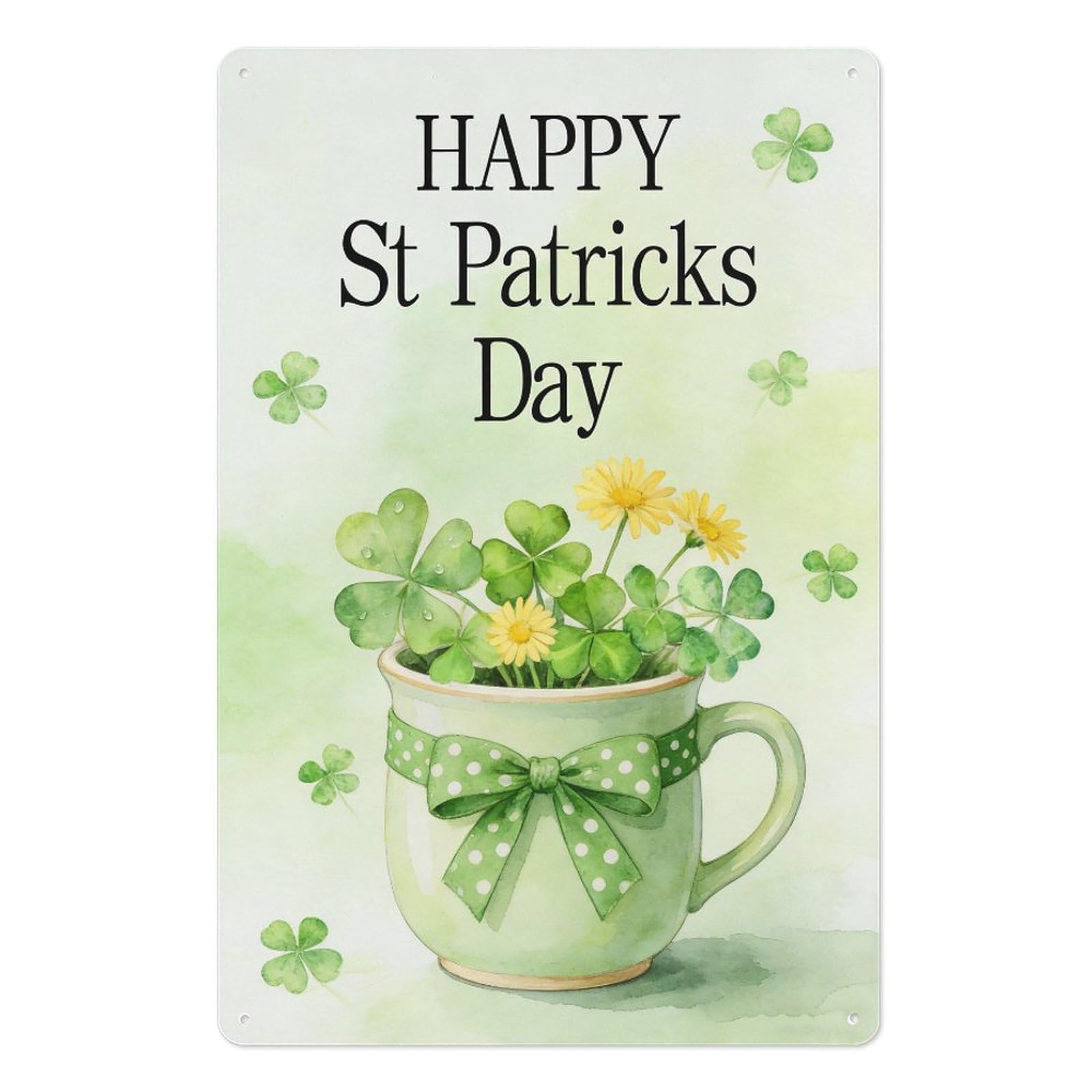 peiyeety St Patrick’s Day Metal Tin Sign 8x12 Inch, Clover Daisy Mug Green Polka Dot Bow Pub Bar Wall Decor Plaque, Irish Holiday Wall Art