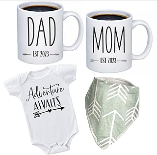 Pregnancy Gift Est 2023-New Parents Gifts-Mommy and Daddy Est 2023 11 oz Mug Set -Adventure Awaits Romper (0-3M)-Top Mom and Dad Gift Set for New Parents to Be New Mom Gifts for Women