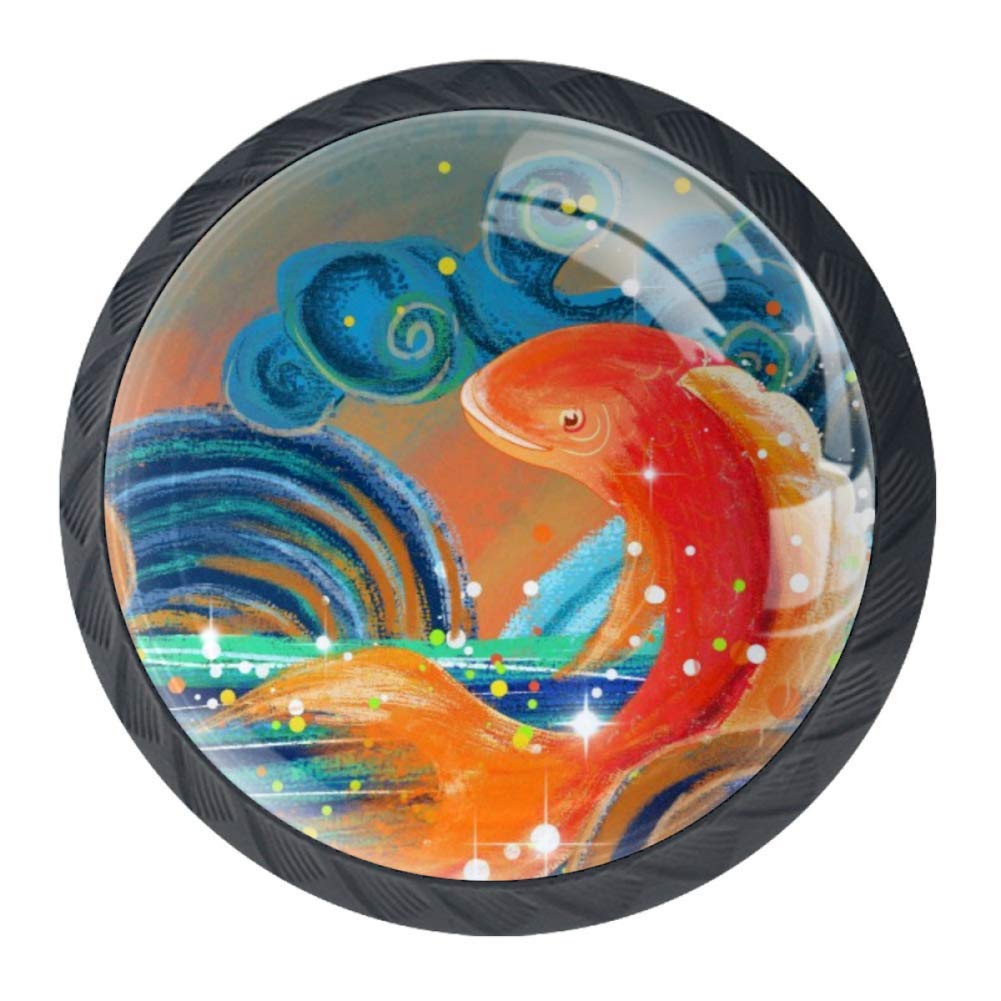 Japanese Wave Koi Carp Drawer Knob Pull Handle Cupboard Knobs with Screws 4pcs