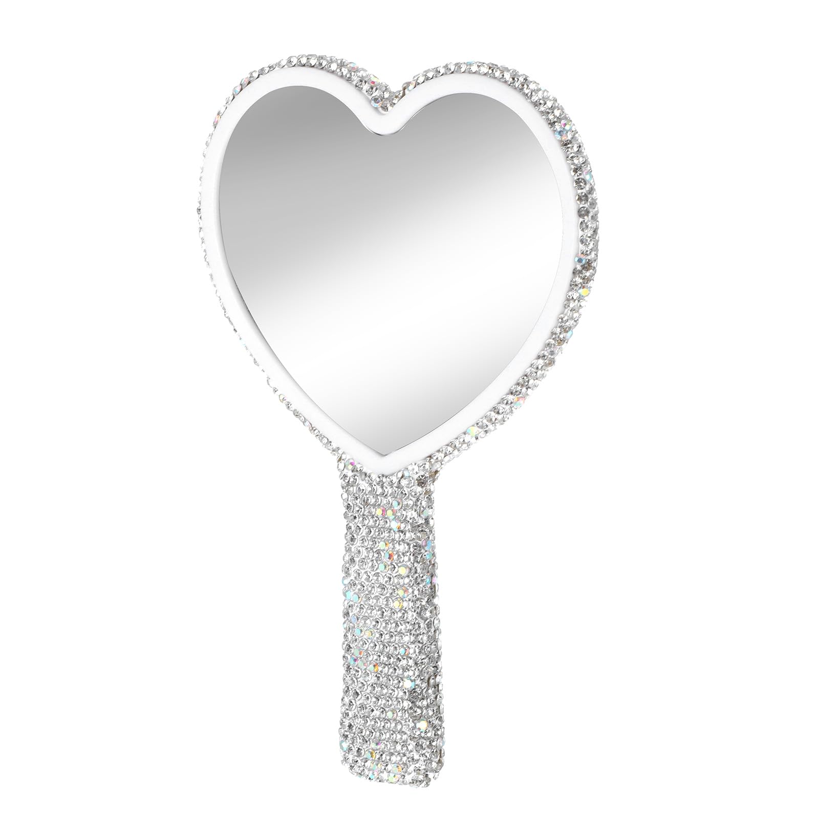 Ouligay Small Heart Hand Mirror with Handle 6.3x4.3 Inch Glitter Rhinestone Hand Held Mirror Portable Travel Compact Lash Mirror for Women Wedding Birthday Gift Silver White-image-6