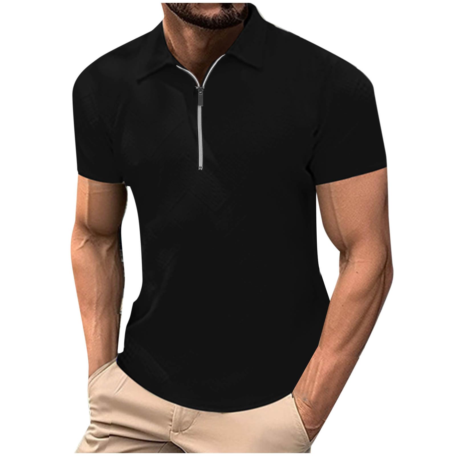 Poloshirts - Camiseta para hombre, cuello de solapa liso, manga corta con cierre de cremallera, capas base de corte regular y ropa para uso diario transpirable